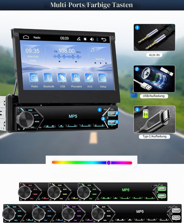 CAMECHO 1 DIN Wireless Carplay Android Auto, 7 Zoll Auto Bildschirm Videoausgang/AUX-IN/FM/TF/Mirror