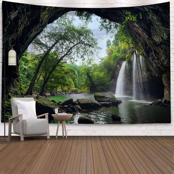 Wandbehang Grün, Wandteppich Natur Wasserfall Wandtuch Dschungel Tapestry Mountains Wandteppich Fels