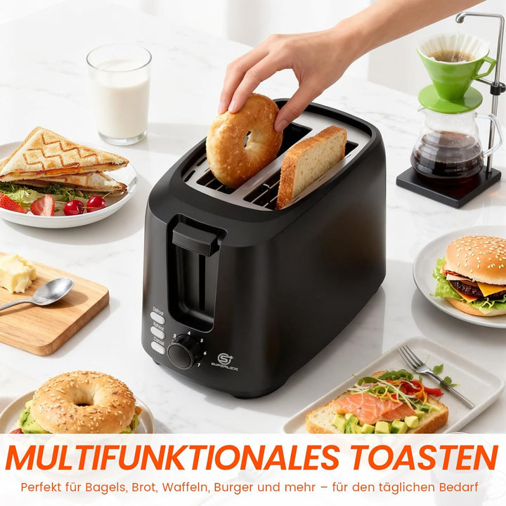 Toaster 2 Scheiben 750W Mini Toaster Schwarz Kompakt Design Mit 7 Bräunungsstufen Auftau Aufwärm Sto