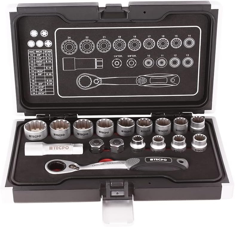 TECPO® Vielzahn Steckschlüssel Satz Durchsteckknarre 1/2 Zoll 10-24 mm Zoll Werkzeug Nüsse Harley 3/
