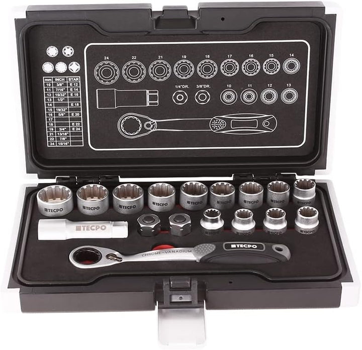TECPO® Vielzahn Steckschlüssel Satz Durchsteckknarre 1/2 Zoll 10-24 mm Zoll Werkzeug Nüsse Harley 3/