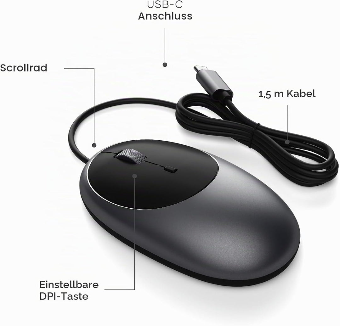 SATECHI Aluminium C1 USB-C Kabelgebundene Maus – Optische Computermaus – Für M2/ M1 MacBook Pro/Air,