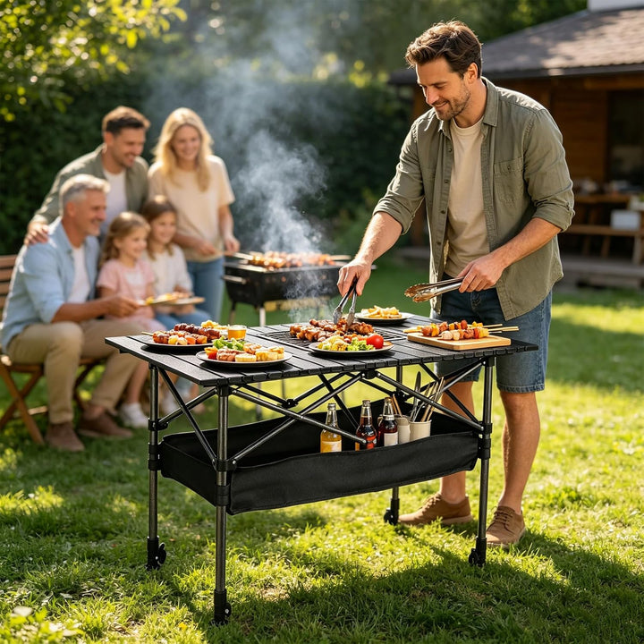 Campingtisch Klappbar, Klapptisch Höhenverstellbar, 95x55cm Camping Falttisch mit Ablagenetz, Tasche