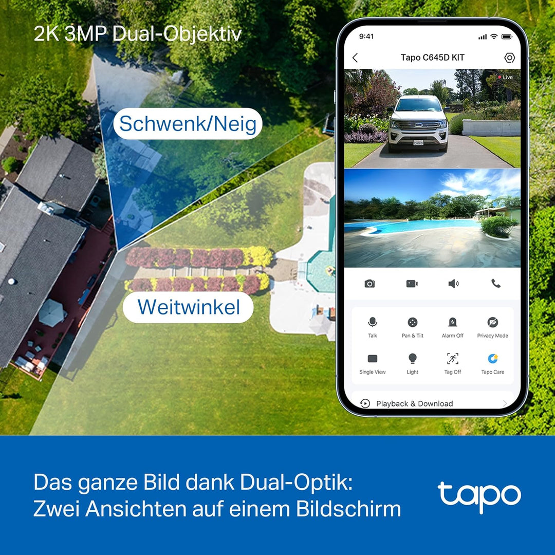 Tapo C645D KIT Solar Überwachungskamera Aussen mit Akku | 2K Dual-Objektiv | 165° Winkel + 6mm Objek