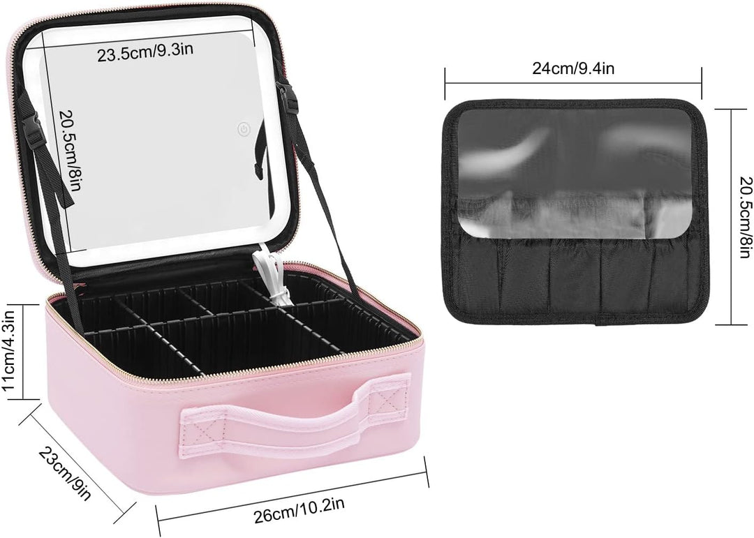 Kosmetiktasche,Make-up Tasche mit 3-Farben-Licht,Kosmetikkoffer mit Spiegel,Kosmetikkoffer Damen,Rei