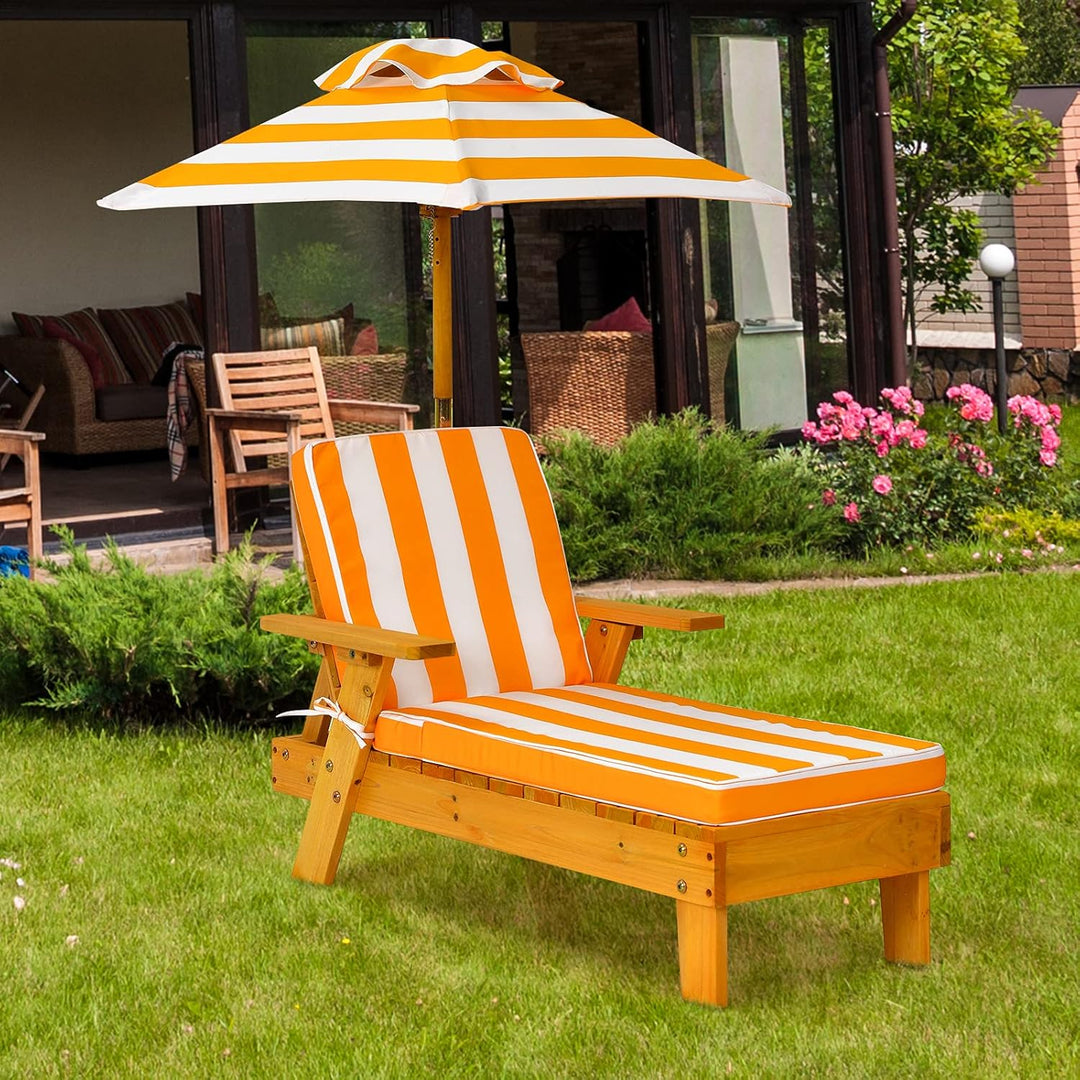 COSTWAY Kinder Sonnenliege mit Sonnenschirm und Auflage, Gartenliege aus Holz, Kinderliege, Holzlieg