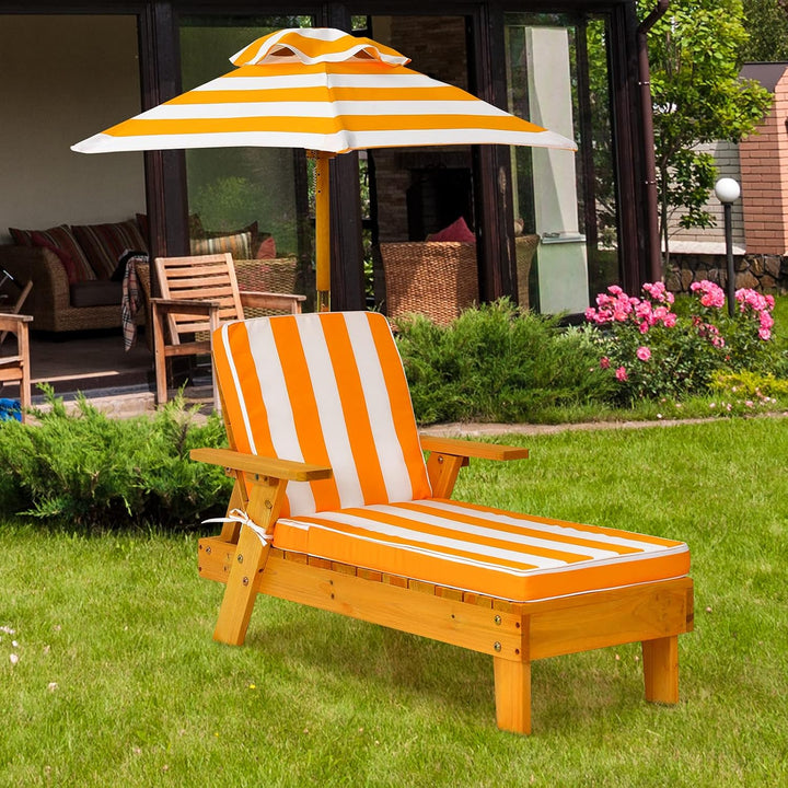 COSTWAY Kinder Sonnenliege mit Sonnenschirm und Auflage, Gartenliege aus Holz, Kinderliege, Holzlieg