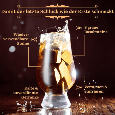 GOURMEO Whisky Stein Geschenkset - Set aus 2 Tulpen Whiskey Gläsern mit 8 Wiederverwendbaren Basalt