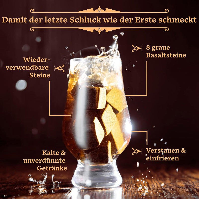 GOURMEO Whisky Stein Geschenkset - Set aus 2 Tulpen Whiskey Gläsern mit 8 Wiederverwendbaren Basalt