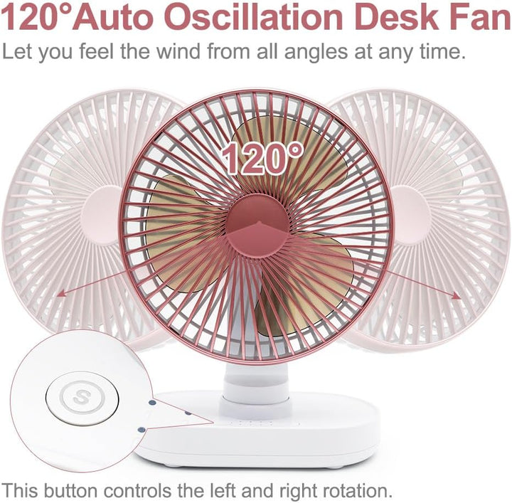 Tischventilator sehr Leise, 16,5CM Klein Ventilator, Auto Oszillierend, 4 Geschwindigkeiten, Starkem