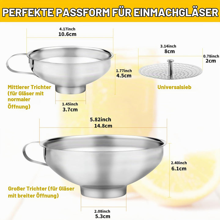 Edelstahl Einmachtrichter Set mit Sieb 3-teilig, Einfülltrichter für Weithals &amp; Standard-Einmachgläs