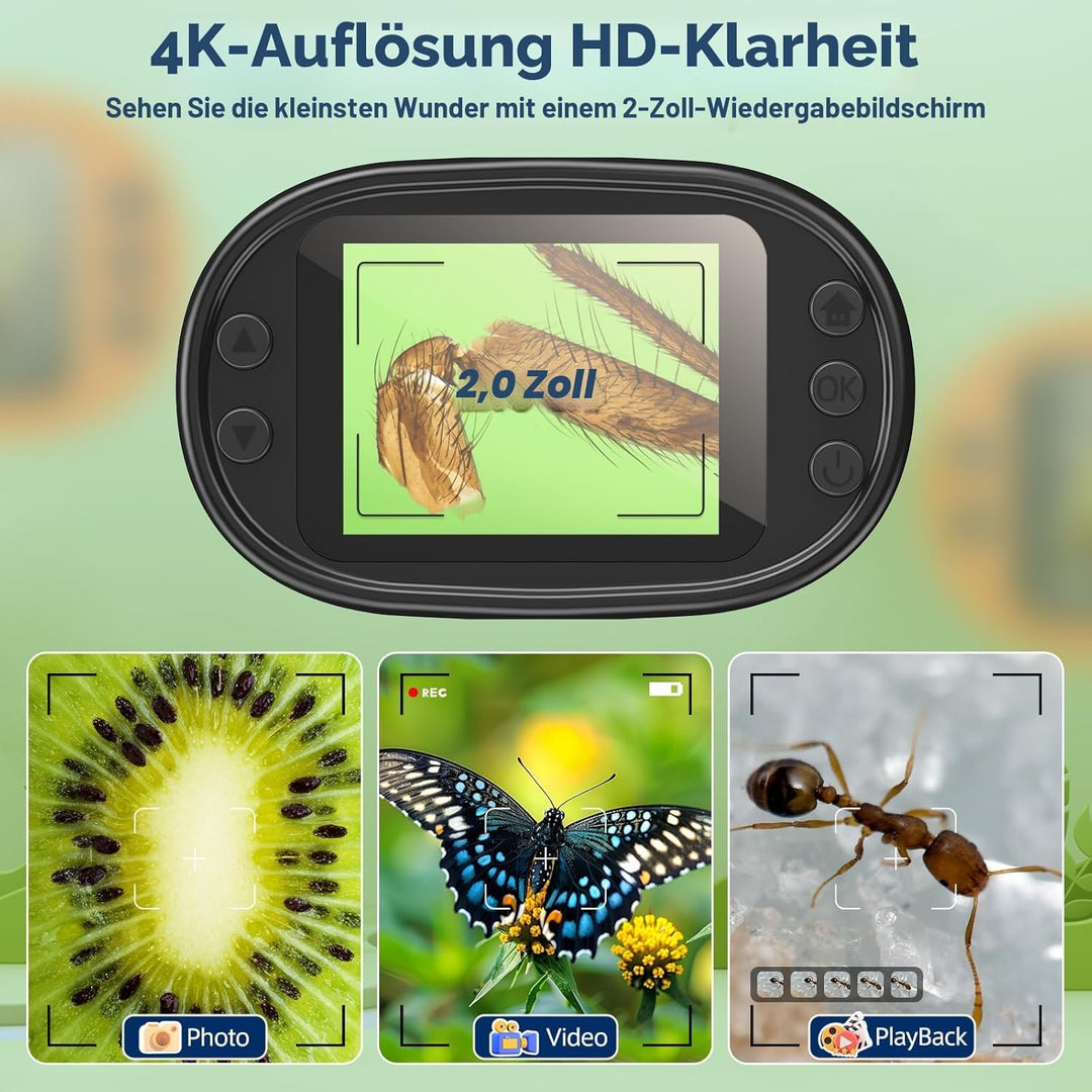 Handmikroskop für Kinder, 4 K, 5,1 cm (2 Zoll) Display, wiederaufladbar, Mini-Taschen-Mikroskope mit
