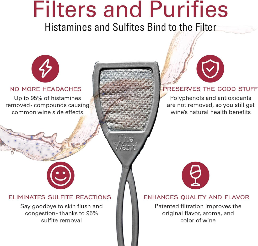 PureWine Weinfilter „The Wand“ mit Weinglas-Anhänger | Entfernt Histamine & Sulfite – weniger Kopfsc