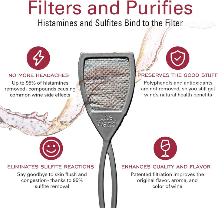 PureWine Weinfilter „The Wand“ mit Weinglas-Anhänger | Entfernt Histamine & Sulfite – weniger Kopfsc