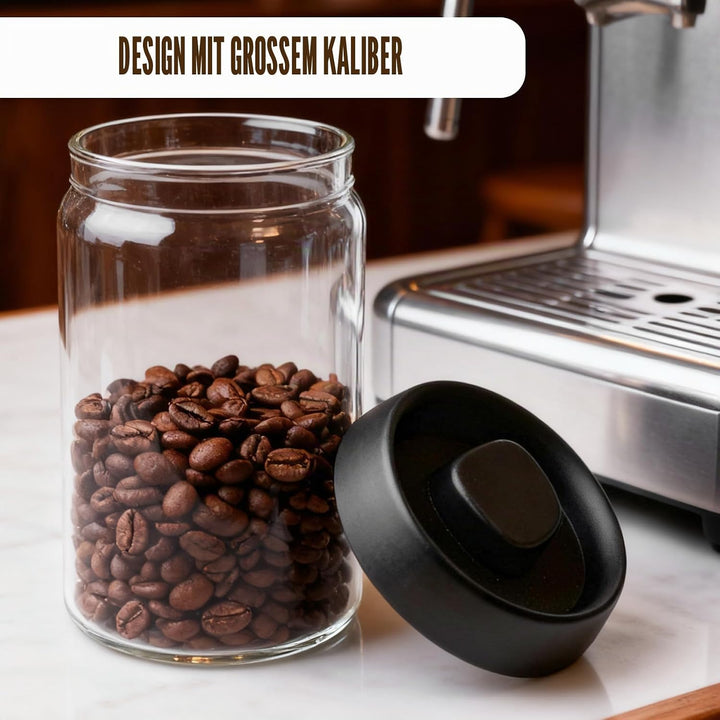 1.2L Kaffeedose Luftdicht, 2 Stück Vakuumbehälter aus Glas Mit Schwarzem Deckel Und Goldenem Knopf,