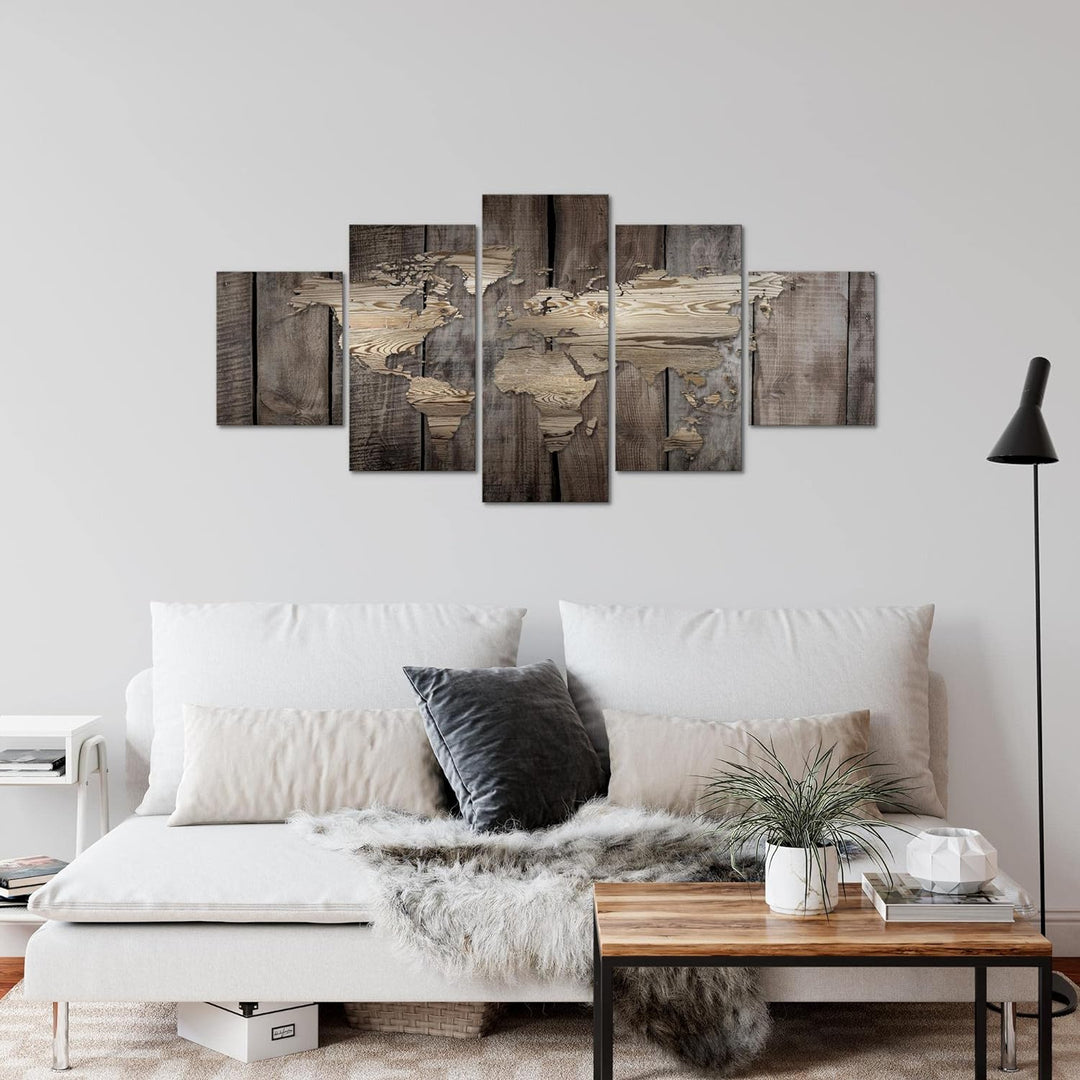 Runa Art Wandbilder Weltkarte 5 Teilig Bild auf Vlies Leinwand Deko Büro Wohnzimmer Holzoptik Beige