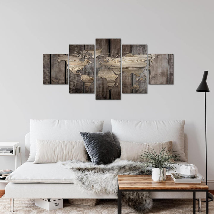 Runa Art Wandbilder Weltkarte 5 Teilig Bild auf Vlies Leinwand Deko Büro Wohnzimmer Holzoptik Beige