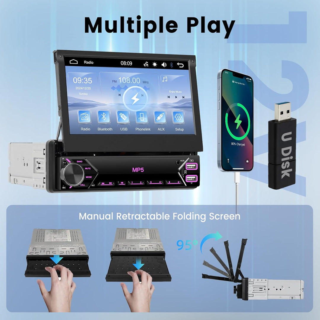 Hodozzy Autoradio 1 Din mit 7 Zoll Touchscreen, Ausklappbarem Bildschirm, Bluetooth und Mirrorlink,