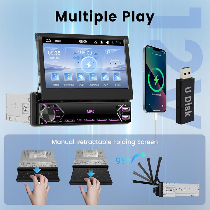 Hodozzy Autoradio 1 Din mit 7 Zoll Touchscreen, Ausklappbarem Bildschirm, Bluetooth und Mirrorlink,