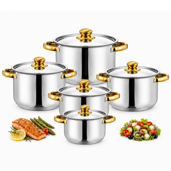 Topfset Edelstahl 10-teilig für Induktion, Kochtopf Set mit Glasdeckel, 5 Kochtöpfe von 18 bis 26 cm
