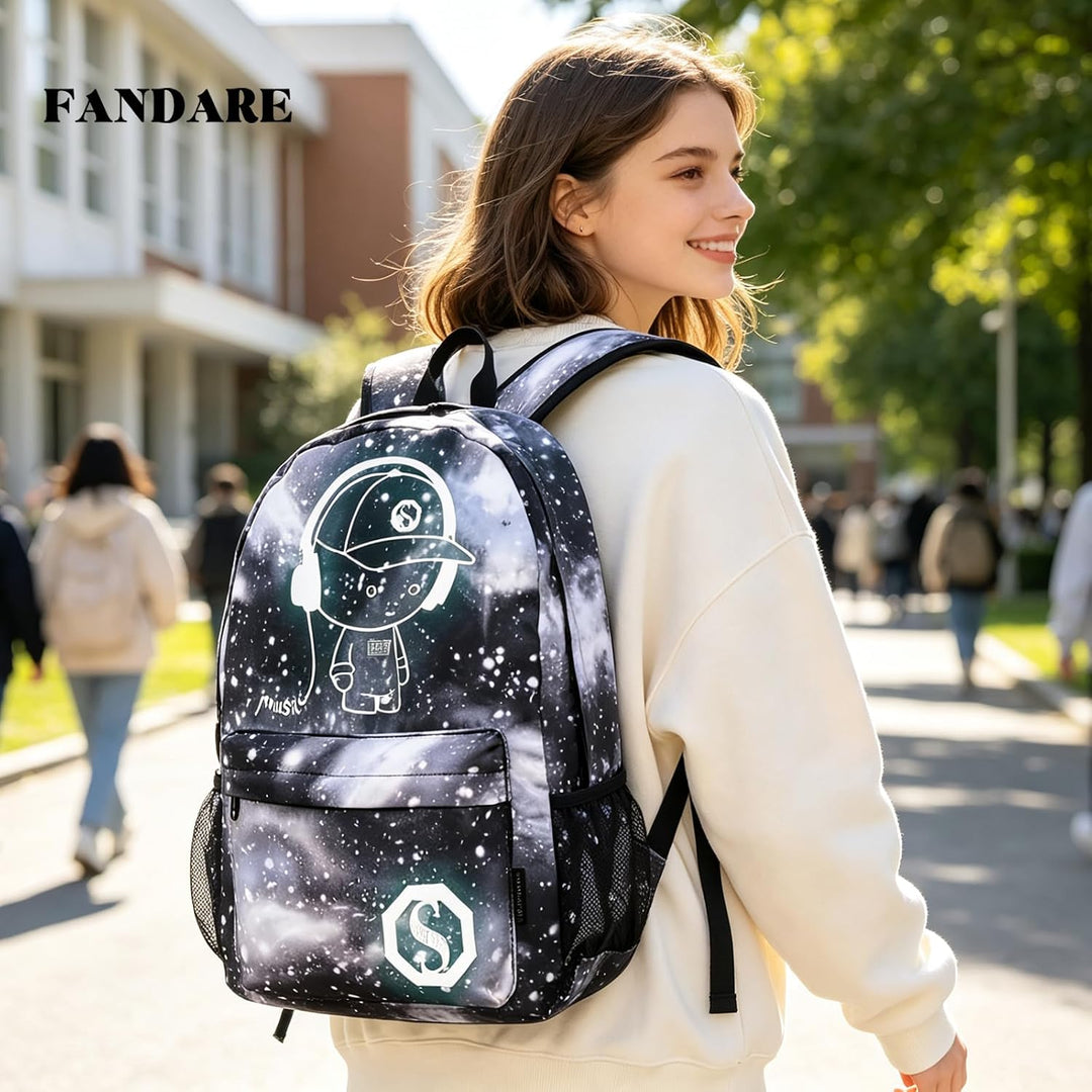 FANDARE Schulrucksack Galaxy Leuchtend Schultasche Junge Mädchen Rucksäcke Schulranzen mit USB Teena