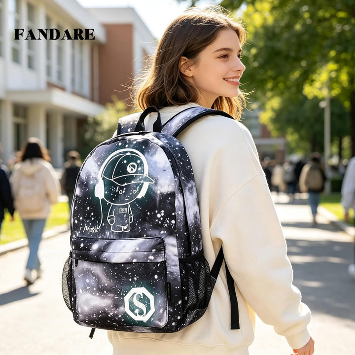FANDARE Schulrucksack Galaxy Leuchtend Schultasche Junge Mädchen Rucksäcke Schulranzen mit USB Teena