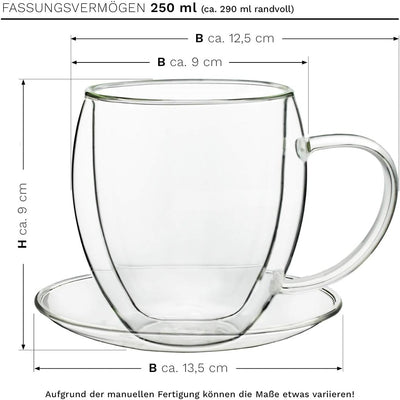 Creano 6 doppelwandige 250 ml Glas-Thermotassen mit Untersetzer, Glas-Teetasse/Kaffeetasse mit Schwe