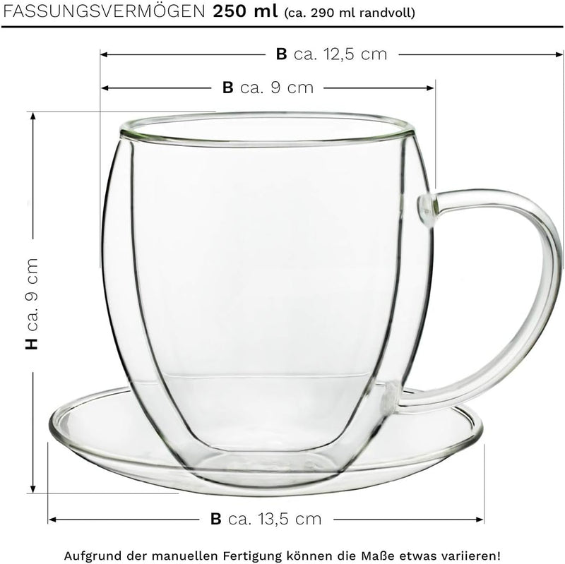 Creano 6 doppelwandige 250 ml Glas-Thermotassen mit Untersetzer, Glas-Teetasse/Kaffeetasse mit Schwe