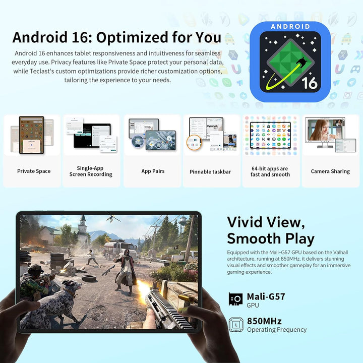 TECLAST P50 Android 16 Tablet 11 Zoll Gemini AI, 90Hz Display, T7250 Octa Core Gaming, 4G LTE Dual S