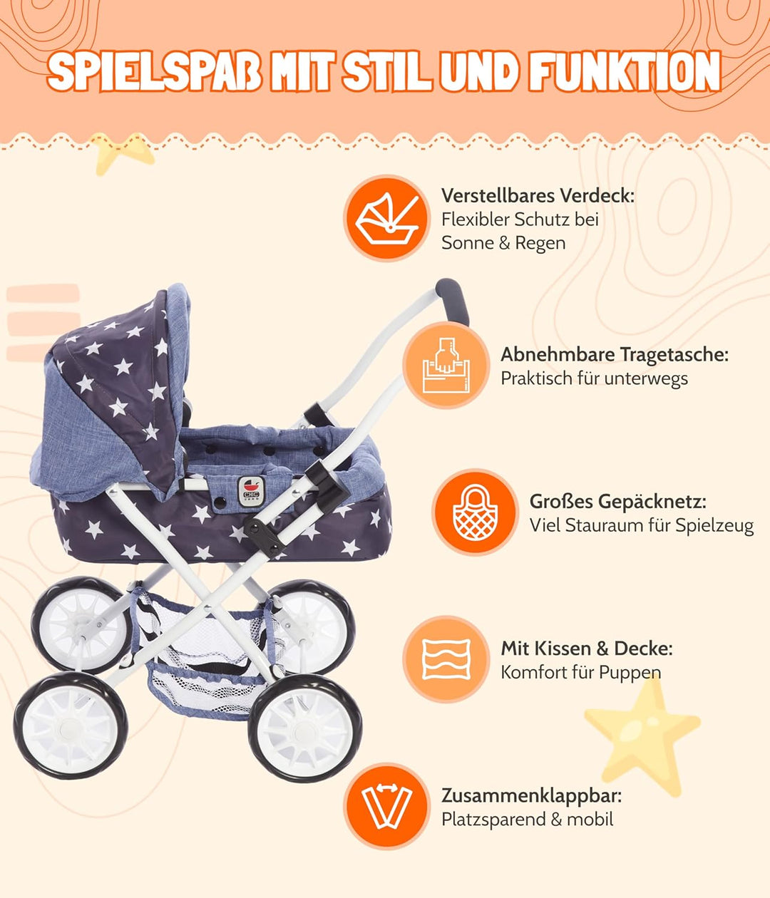 Bayer Chic 2000 - Puppenwagen Smarty, Kleiner Kinderpuppenwagen für Kinder ab 2 Jahren, Spielzeugkin