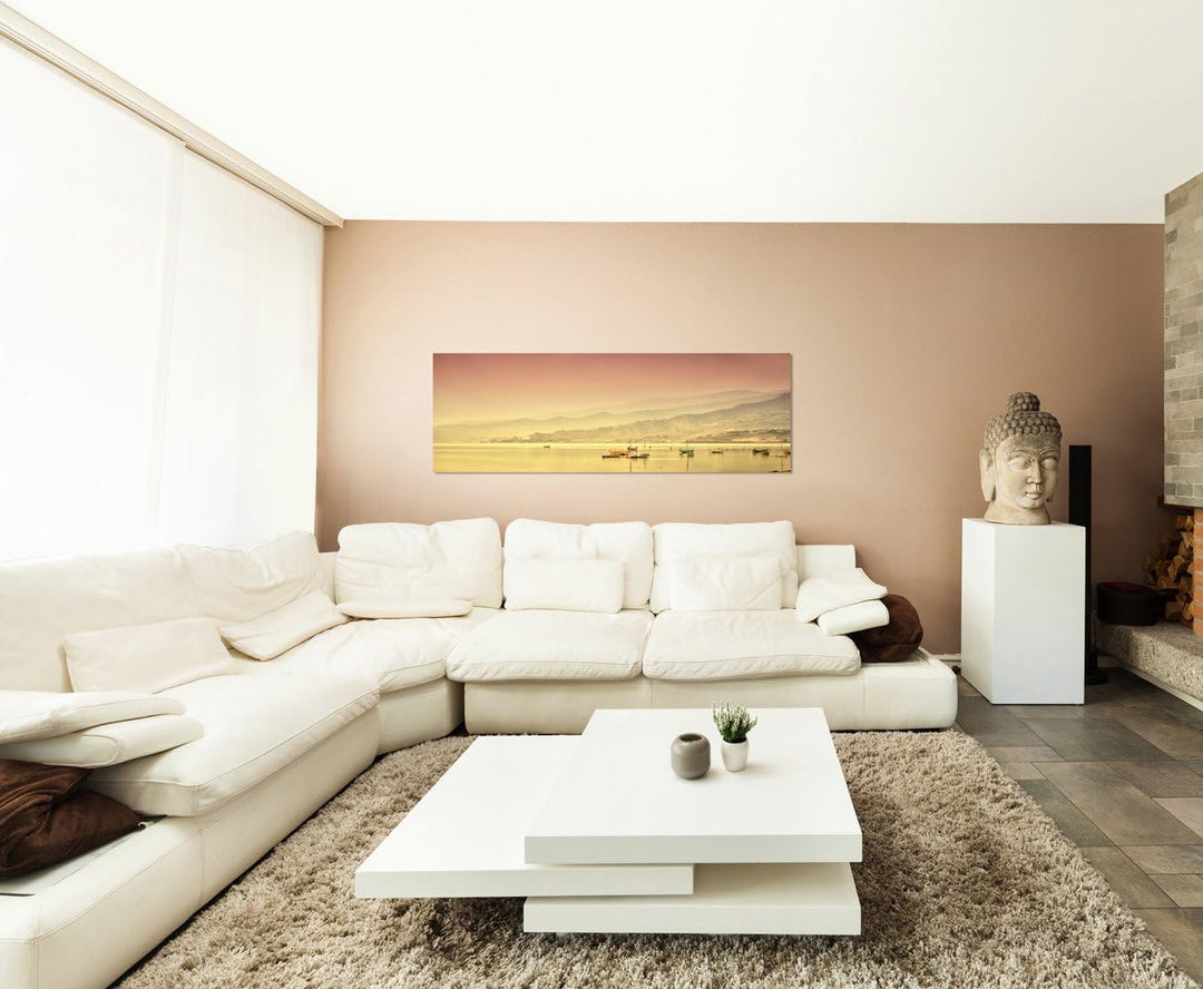 Paul Sinus Art Panoramabild auf Leinwand und Keilrahmen 150x50cm See Boote Berge Nebel Dämmerung