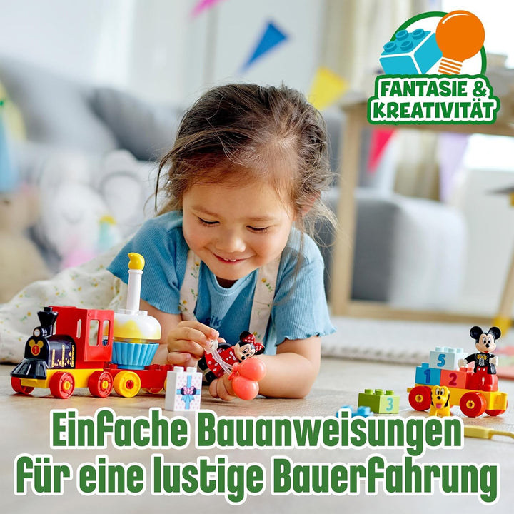 LEGO DUPLO | Disney Mickys und Minnies Geburtstagszug, Zug-Spielzeug mit Kuchen und Ballons, inkl. M