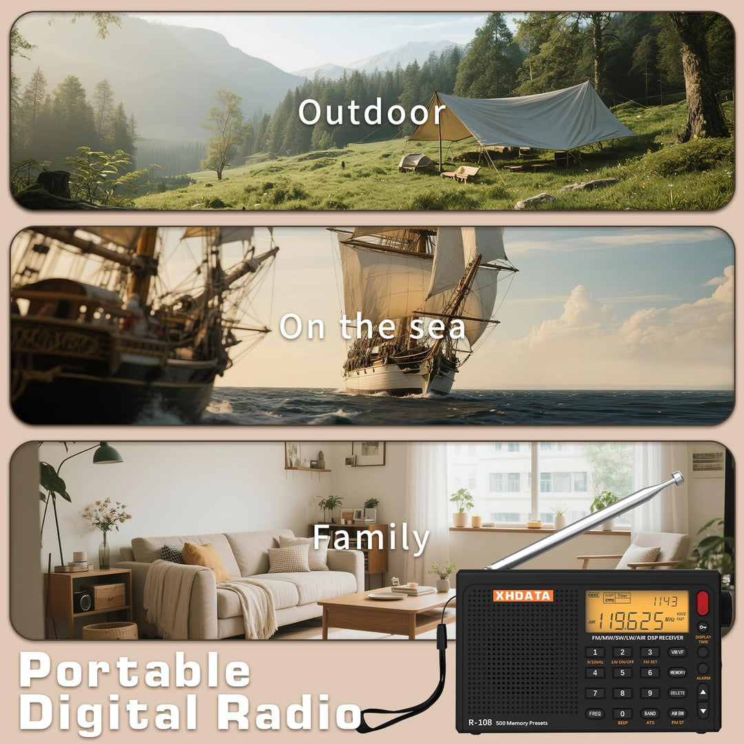 XHDATA R-108 Kleines Tragbare Radios Wiederaufladbares Batterieradio UKW FM AM SW Airband Radio welt