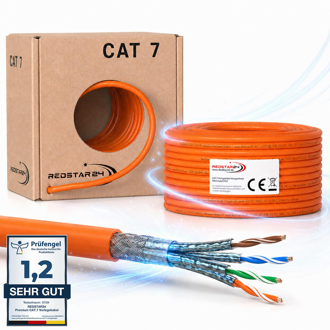 RedStar24 CAT 7 Verlegekabel 50m Netzwerkkabel Datenkabel LAN CAT7 Kabel Kupfer Installationskabel C