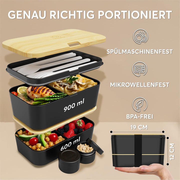 Umami All-in-1 1,2L Bento Lunchbox Erwachsene mit Besteck, 2 Saucenbehältern als Brotdosen Salat, Sn