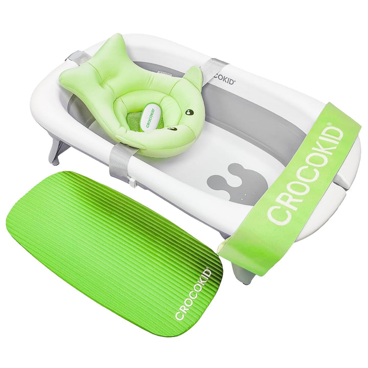CROCOKID® Grosses Faltbares Baby-Badewannenset + 4 Unverzichtbare Zubehörteile – Tragbare XXL-Badewa