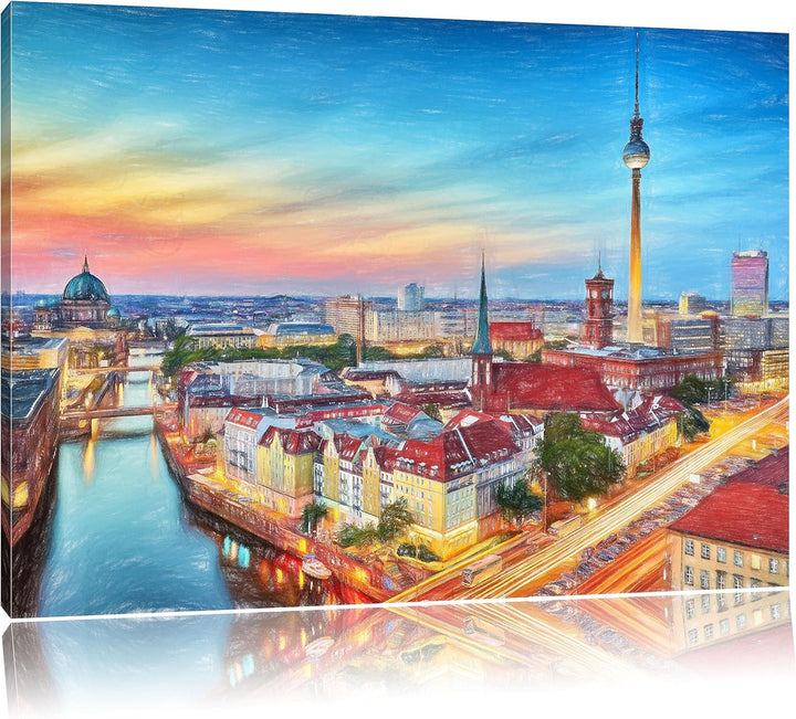 Pixxprint Berlin City Panorama Kunst Buntstift Effekt, Format: 100x70 auf Leinwand, XXL riesige Bild
