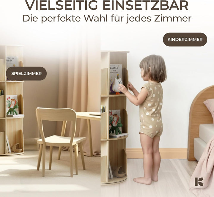KINDAHOLZ 360° Drehbares Bücherregal Kinder - Kiefernholz Bücherregal Drehbar Kinder mit 5 verstellb