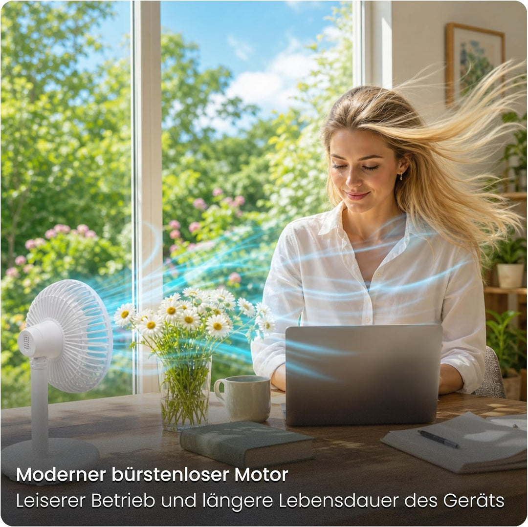 Tischventilator sehr leise - Akku USB Ventilator 4000mAh, Ø 16,5cm, bürstenloser 7-Flügel Mini Lüfte