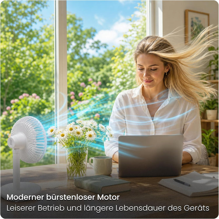 Tischventilator sehr leise - Akku USB Ventilator 4000mAh, Ø 16,5cm, bürstenloser 7-Flügel Mini Lüfte