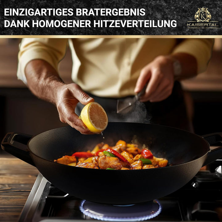 KAISERTAL® Gusseisen Wokpfanne Induktion | 32cm Ø Wokpfanne ohne Deckel | Wok mit Flachboden | Vorei