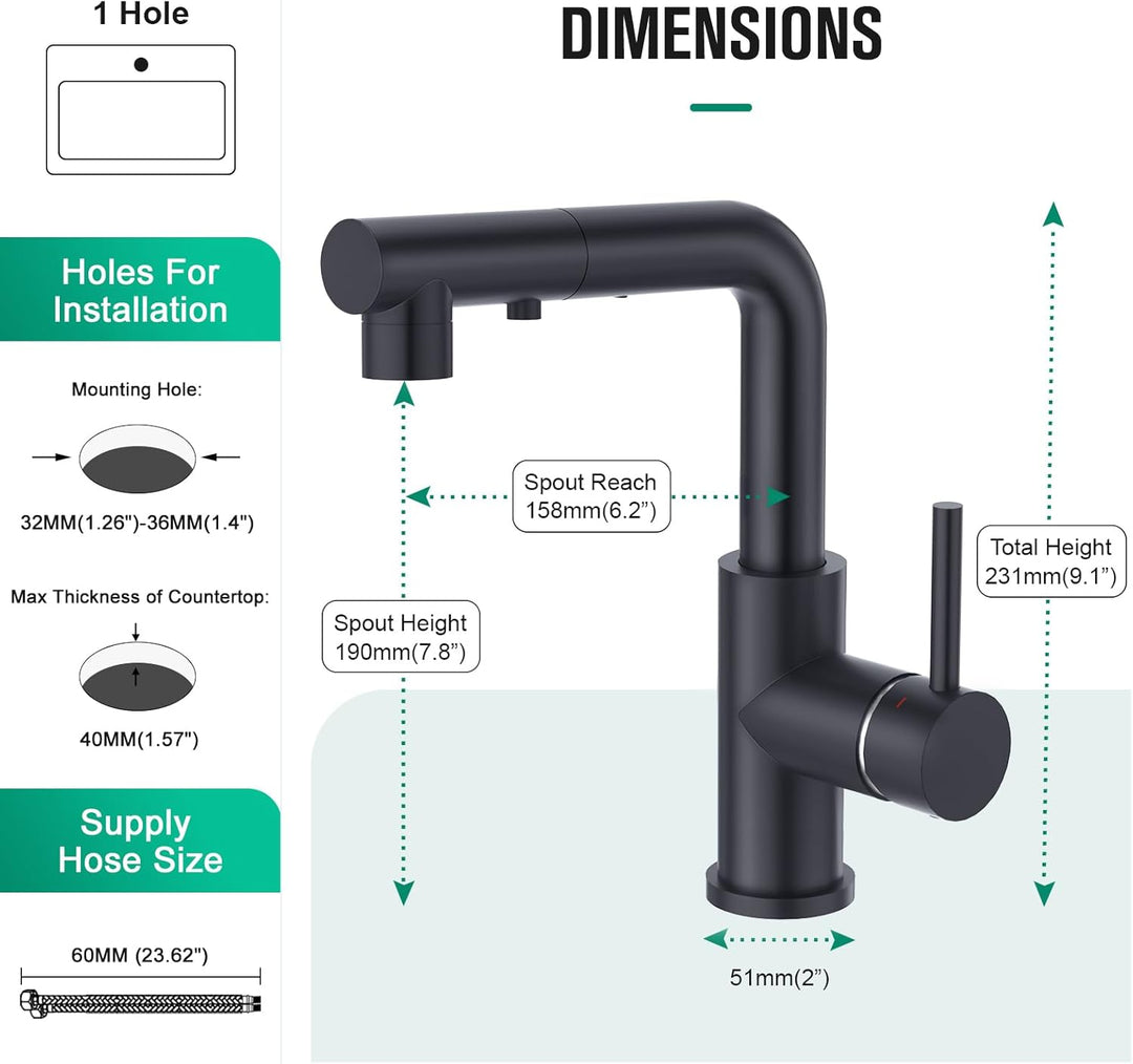 CREA Wasserhahn Küche mit 3 Funktionen Brause, Schwarz Küchenarmatur mit Ausziehbarem Brause, 360° D