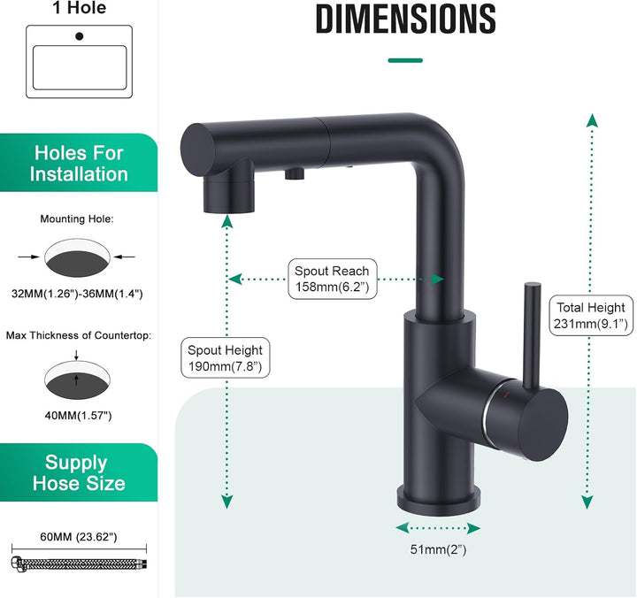 CREA Wasserhahn Küche mit 3 Funktionen Brause, Schwarz Küchenarmatur mit Ausziehbarem Brause, 360° D