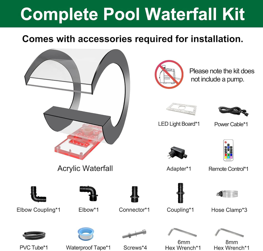 LONGRUN Pool Wasserfall J -förmiger Spillway Acryl Schwimmbad Brunnen mit Farbwechsel LED -Licht, Au