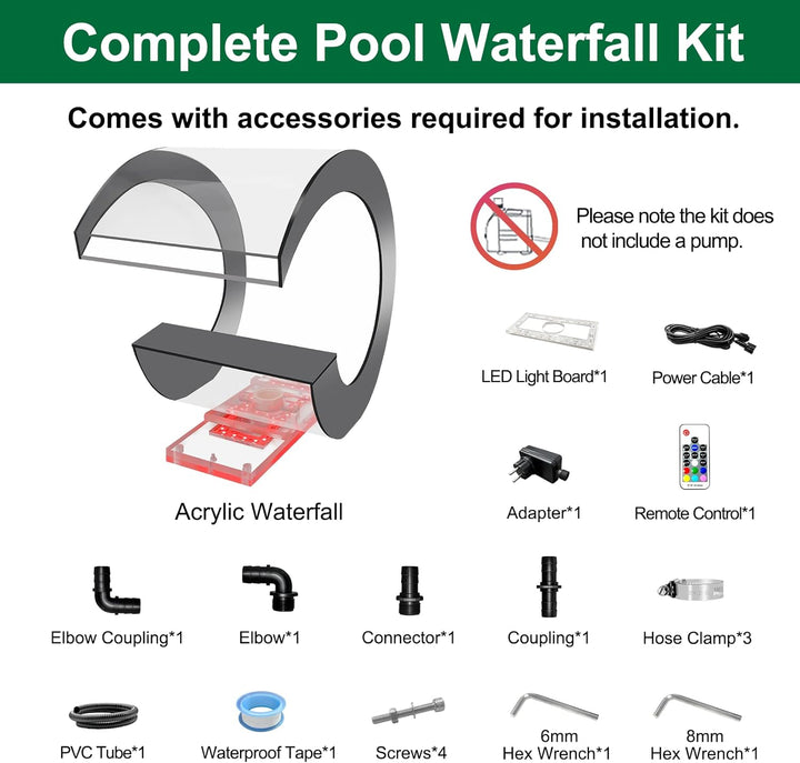 LONGRUN Pool Wasserfall J -förmiger Spillway Acryl Schwimmbad Brunnen mit Farbwechsel LED -Licht, Au