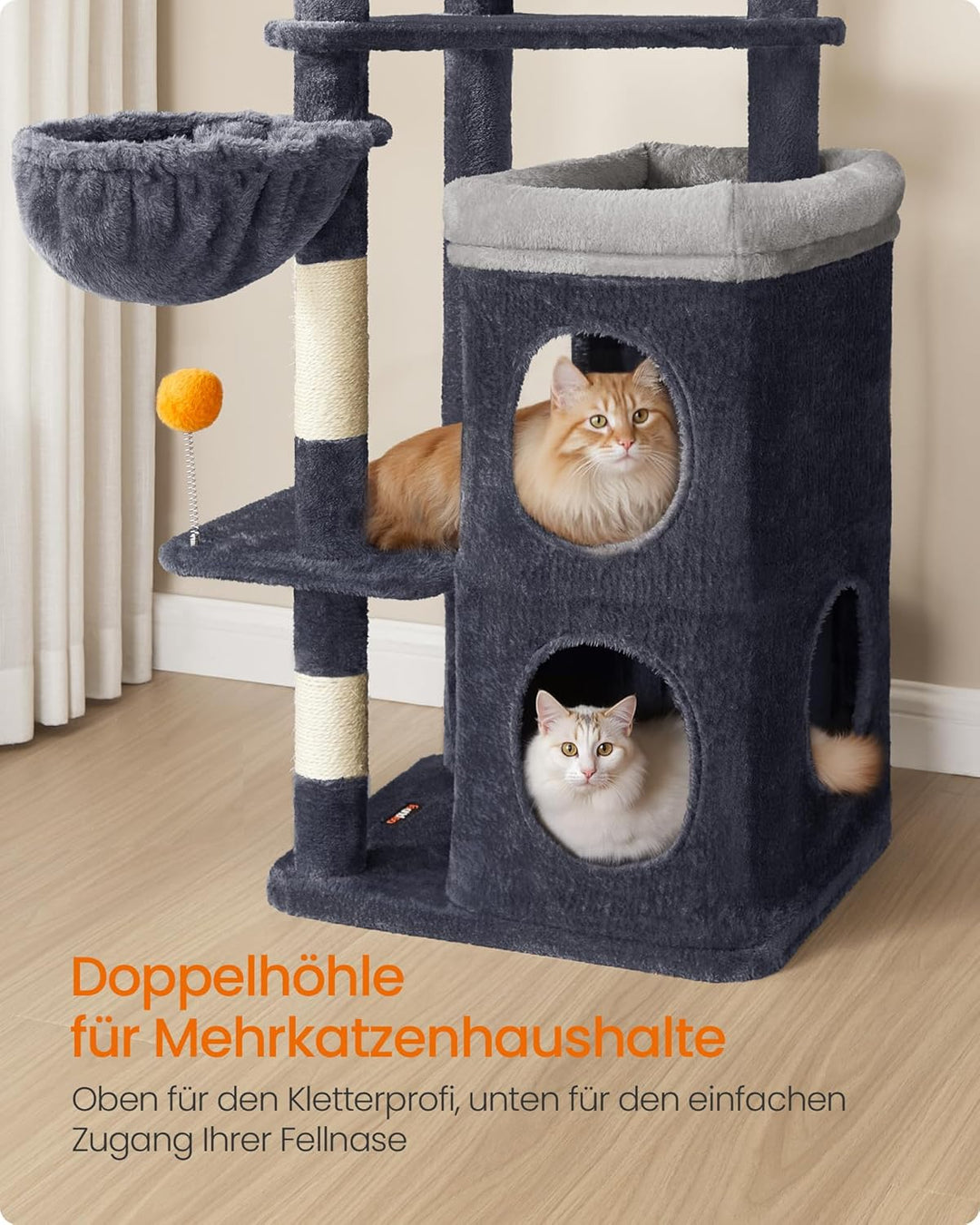 Feandrea Kratzbaum, 152 cm hoch, mehrstöckiger Katzenbaum mit 2 grossen Höhlen, 1 Liegemulde, 3 Krat