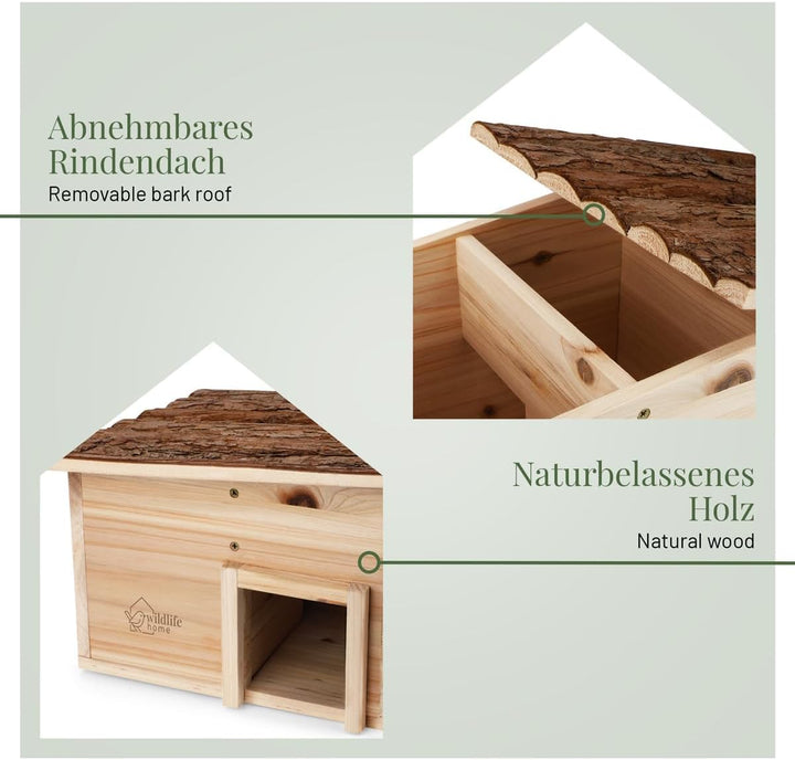 wildlife home Igelhaus Winterfest aus Holz mit Boden & wetterfestem Rindendach I Igelfutterhaus I Ka