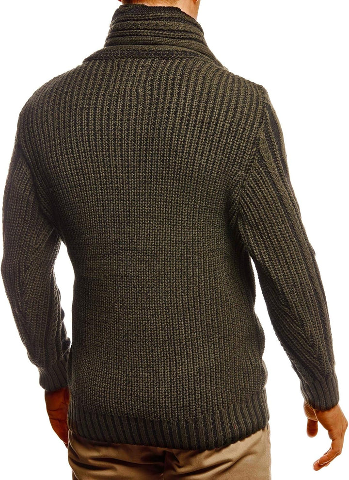 Leif Nelson Herren Strick-Pullover Schalkragen Slim Fit Winter Sommer Moderner Männer schwarzer Pull