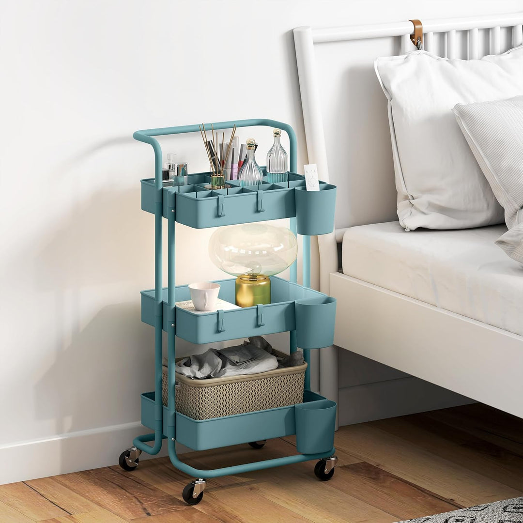 HOMCOM 3-stöckiger Rollwagen 42x38x86,5 cm Blau-Grün | Regalboden, 4 Haken, 3 abnehmbare Hängekörbe,
