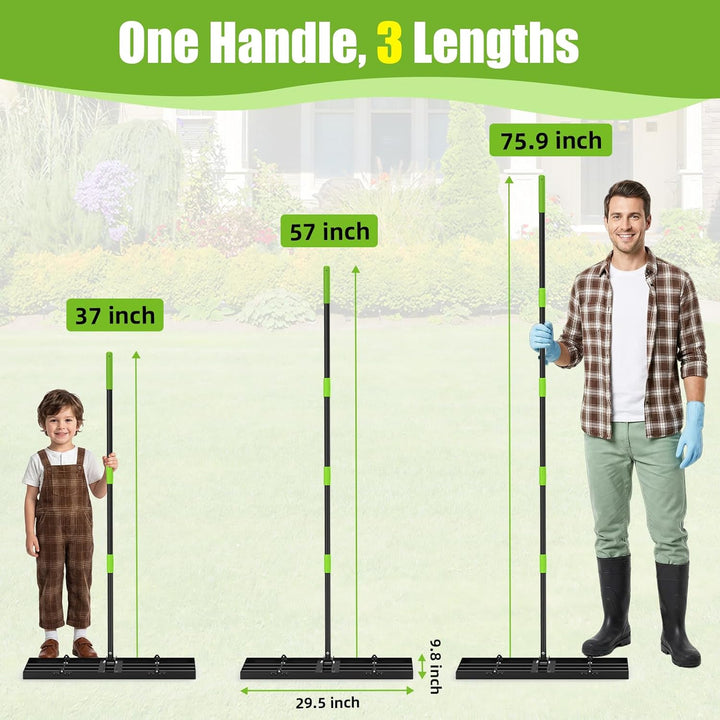 GARDTECH Rasenrakel 75x25 cm | Nivellierrechen aus Edelstahl mit Anti-Kipp-Design | 195 cm Verstellb